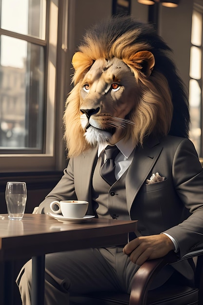 Foto löwe in anzug und krawatte trinkt kaffee