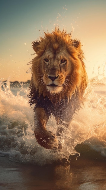 Löwe läuft im Wasser mit der Sonne im Rücken