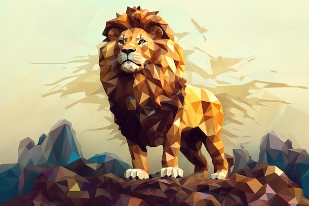 Löwe Low-Poly-Illustration im Tierstil, generative KI