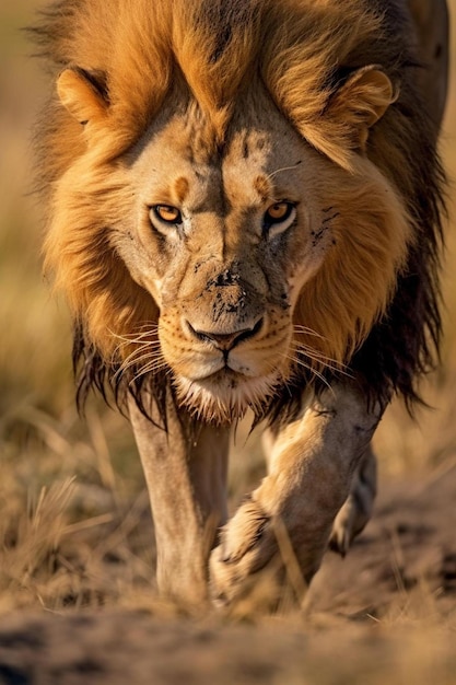 Löwe mit Jackel im Hintergrund in Masai Mara