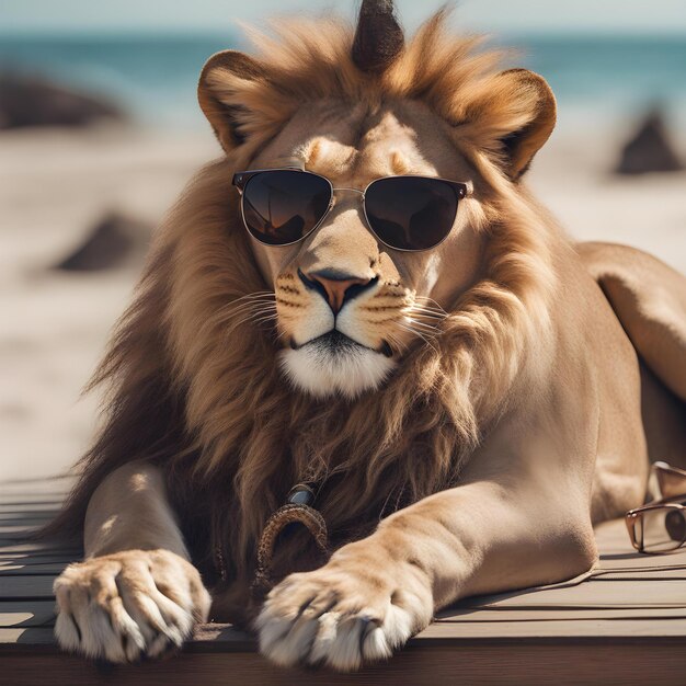 Löwe mit Sonnenbrille entspannt sich auf der Promenade am Meer