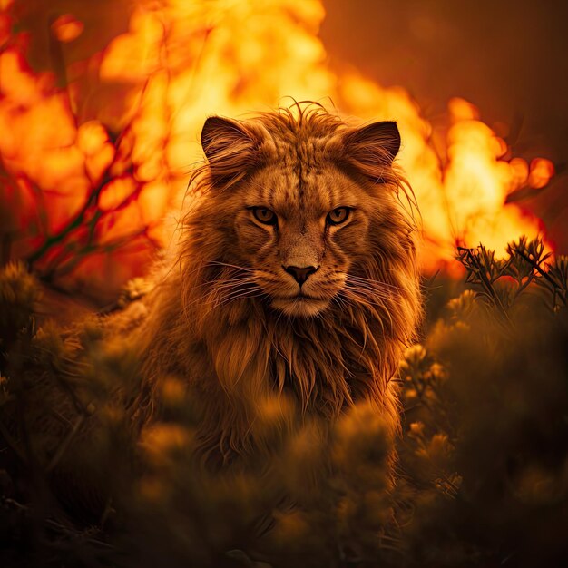 Löwe vor dem Hintergrund eines brennenden Waldes Wildes Tier inmitten von Feuer und Rauch