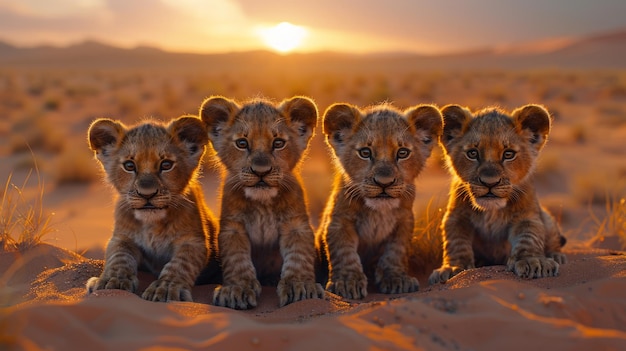 Löwenjungen sitzen auf einem Sandfeld