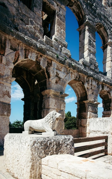 Löwenstatue, Amphiteater in Pula, Kroatien. Römische Arena