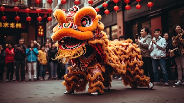 Löwentanz auf der Straße von China Town Chinesisches Neujahr