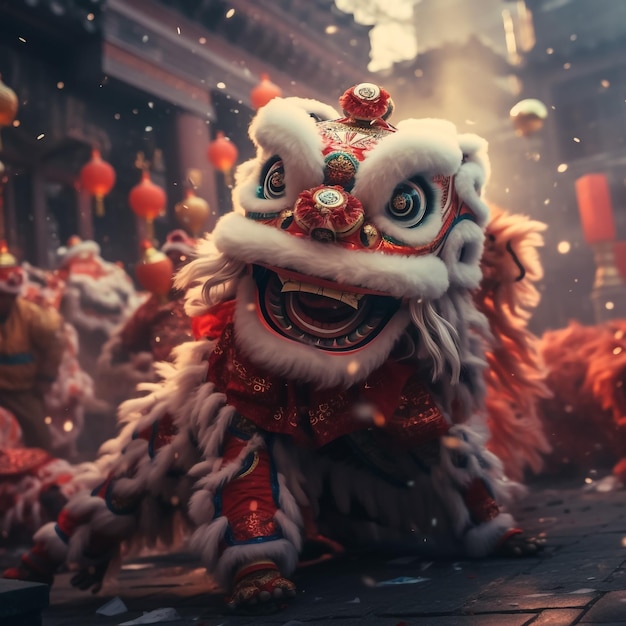Löwentanz und Konfetti während der Feier des chinesischen Neujahrs.