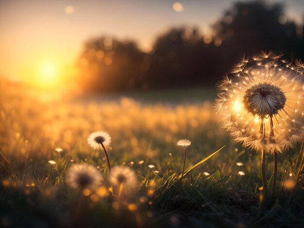 Löwenzahn auf dem Feld über verschwommenem Sonnenuntergang Hintergrund KI generiert