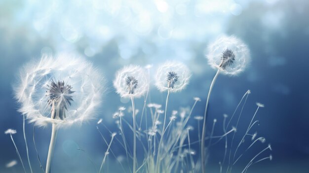 Löwenzahn im Wind mit verstreuten Samen auf blauem Hintergrund