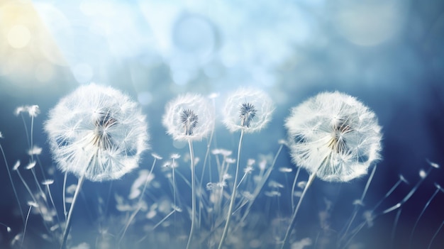 Löwenzahn im Wind mit verstreuten Samen auf blauem Hintergrund