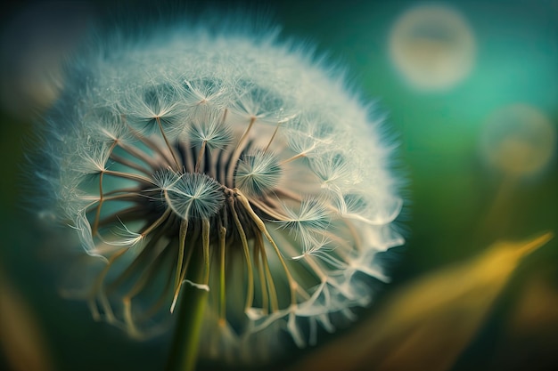 Löwenzahn in Nahaufnahme vor dem Hintergrund der Natur Helle zarte Details der Natur Inspirierendes Naturkonzept mit einem Hintergrund aus wunderschönem blauem und grünem Bokeh