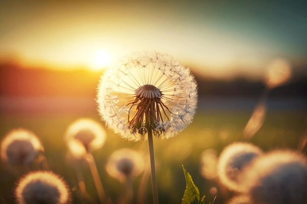 Löwenzahn mit Samen vor dem Hintergrund des generativen ai des sonnigen Feldes