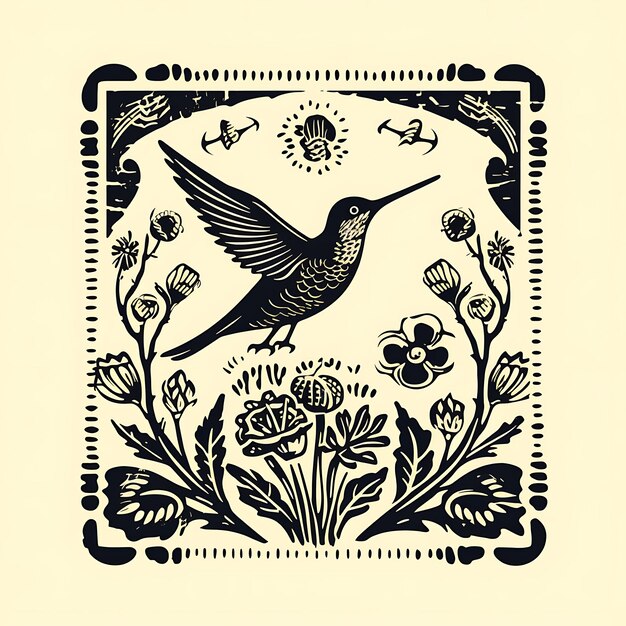 Löwenzahn-Stempel mit einfarbig gelbem Kolibri und Naturskizze, Strichzeichnungen, Rahmensammlung