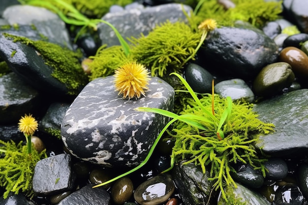 Löwenzahn unter Felsen und Moos