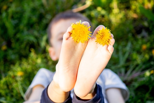 Löwenzahnbabybeine Frühling sonniges Wetter