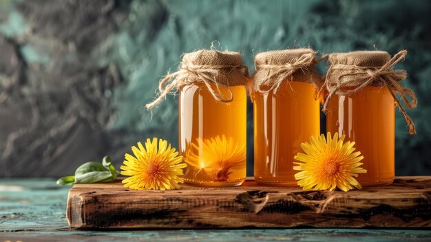 Foto löwenzahnhonig in glasgläsern auf dunklem hintergrund für den text kombucha löwenzahnblumen