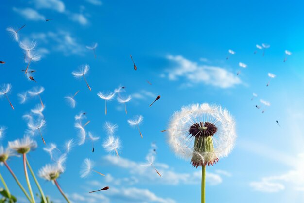 Löwenzahnkerne, die im Wind wehen