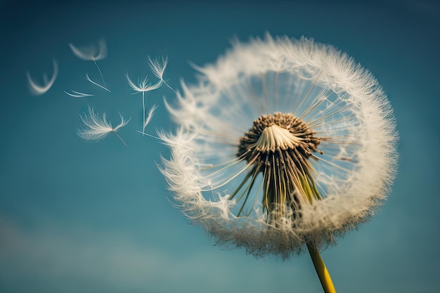 Löwenzahnsamenkopf, der im Wind gegen einen blauen Himmel durchbrennt