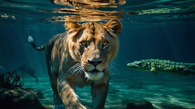 Löwin im Wasser Wildtierszene aus der Natur