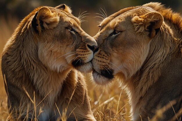 Foto löwin und partner schmücken sich liebevoll