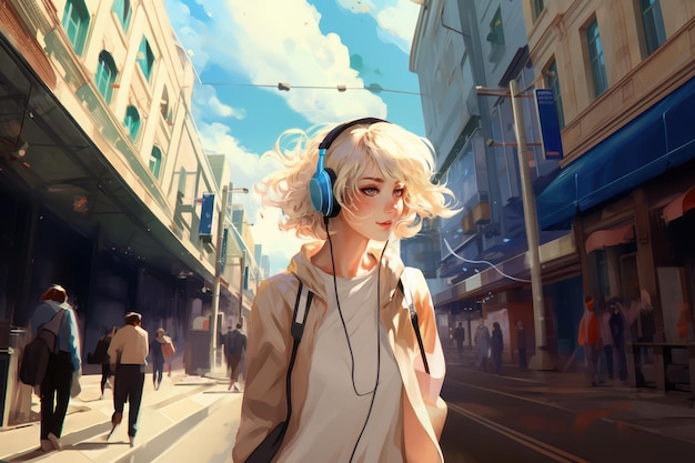 Lofi-Anime-Mädchen mit Kopfhörern in der Stadt, erstellt mit generativer KI-Technologie