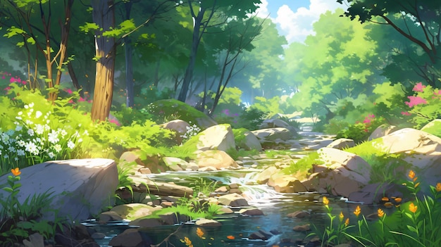 Lofi bosque mágico paisaje ilustración fondo papel tapiz diseño setas arte IA generativa