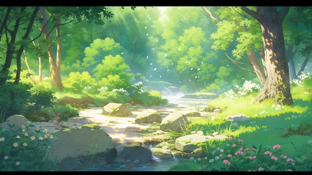 Lofi bosque mágico paisaje ilustración fondo papel tapiz diseño setas arte IA generativa