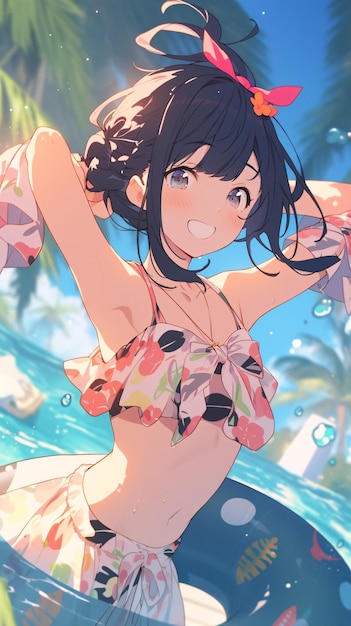 LOFI Chica en bikini en una playa anime manga estilo ilustración diseño fondo IA generativa