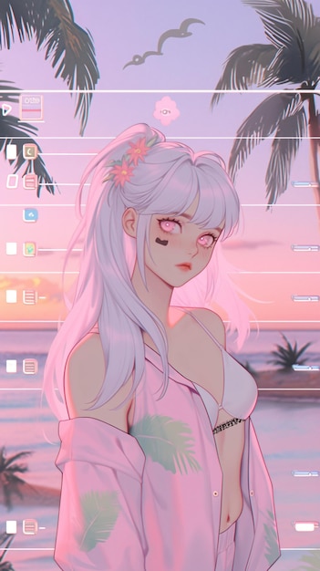 LOFI Chica en bikini en una playa anime manga estilo ilustración diseño fondo IA generativa