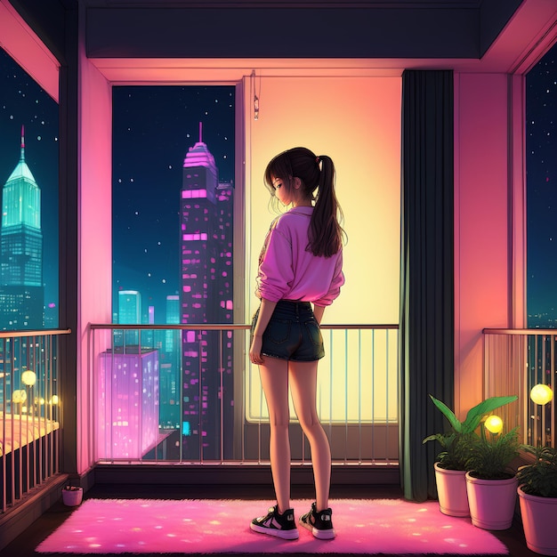 Lofi chica de pie en el balcón mirando a la ciudad luces nocturnas dormitorio con acentos de neón