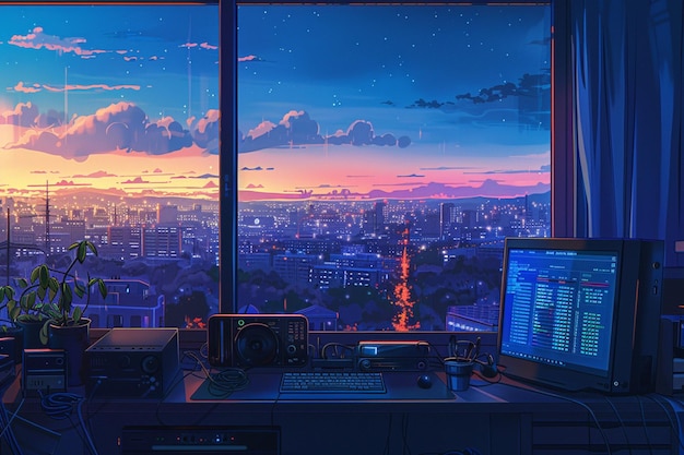 Foto lofi coding retreat el codificador abraza las vibraciones retro del anime en un espacio de trabajo iluminado con serenidad