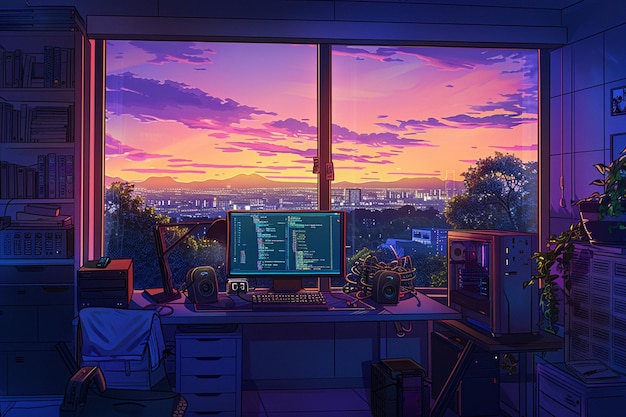 Lofi Coding Retreat El codificador abraza las vibraciones retro del anime en un espacio de trabajo iluminado con serenidad