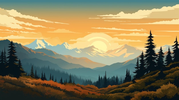 Lofi Design Whistlerian ilustração do pôr do sol no Parque Nacional Olímpico