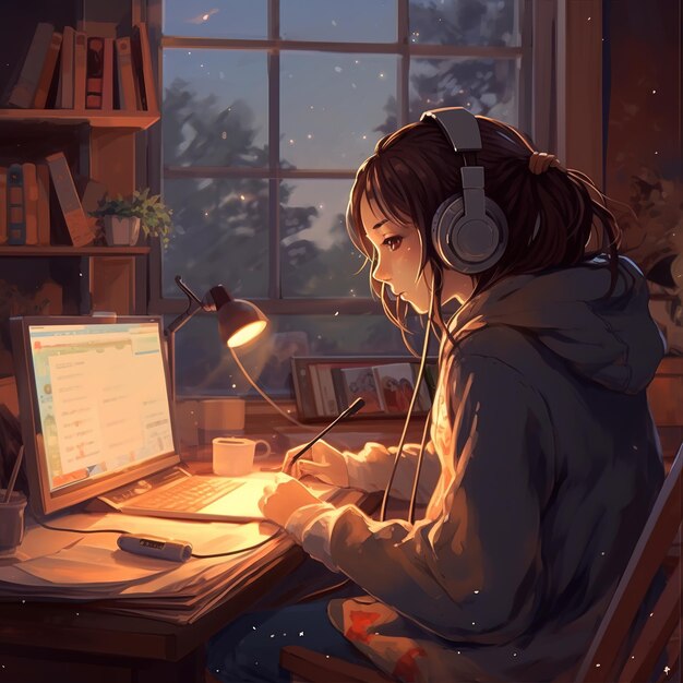 Lofi estudio batidos enfoque vibra ilustración