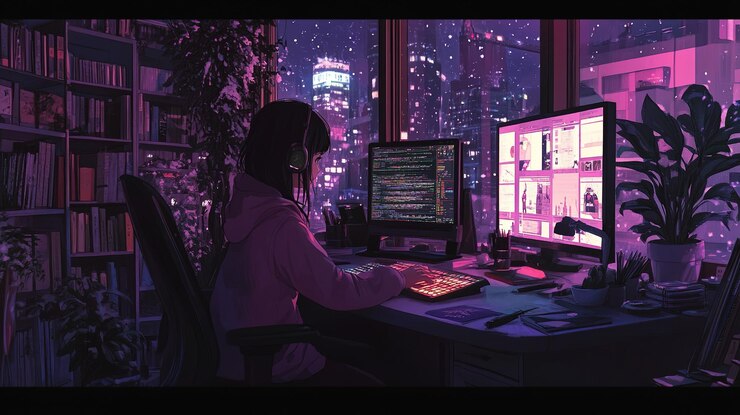 Foto lofi girl estudiante estudiando en el escritorio con libro y nieve nevada anime estilo manga fondo de pantalla