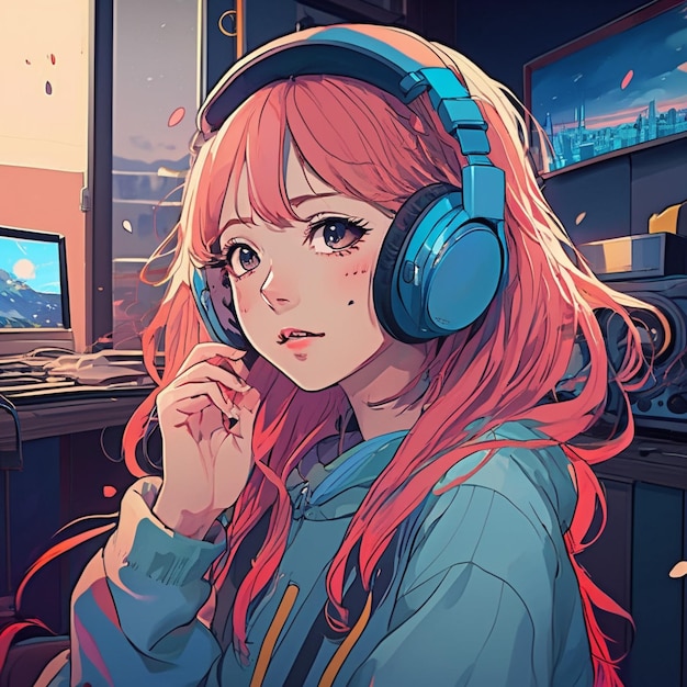 Foto lofi girl ouve música em estilo anime
