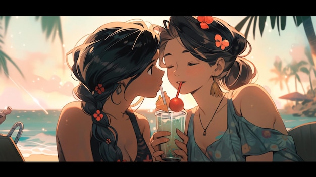 Lofi Girls bebiendo un cóctel en un bar en la playa diseño de fondo de ilustración de anime IA generativa