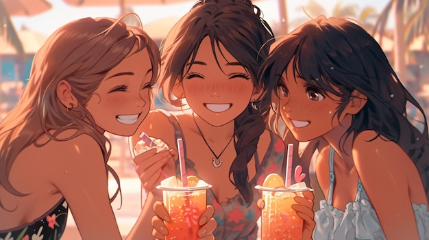 Lofi Girls en bikini en un bar en la playa Fondo de pantalla de diseño de anime en la naturaleza IA generativa