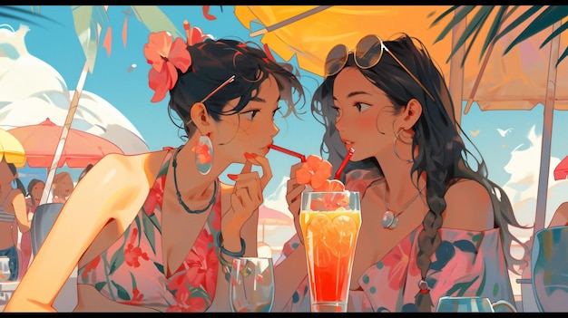 Foto lofi girls em um biquíni em um papel de parede de design de fundo de anime de bar de praia na natureza generative ai