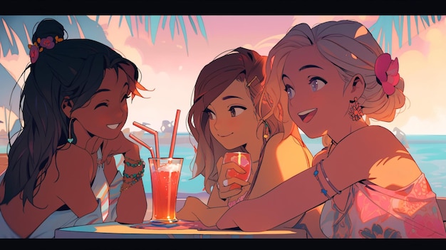 Lofi Girls trinken Cocktails an einer Strandbar, Anime-Illustration, Hintergrunddesign, generative KI