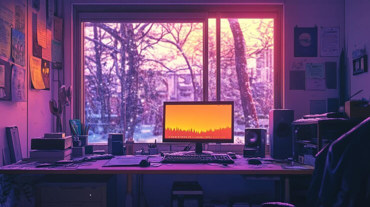 Foto lofi interior vacío con escritorio ventana nieve bosque nevado jungla púrpura rosa naranja color anime manga