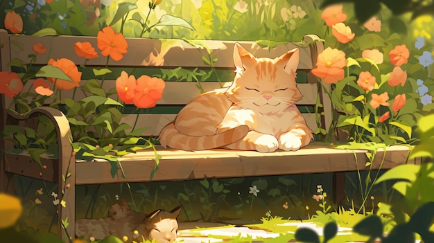 Lofi-Katze im Naturgarten, Anime-Stil, Illustration, Hintergrund, Tapete, Design, Kunst, generative KI