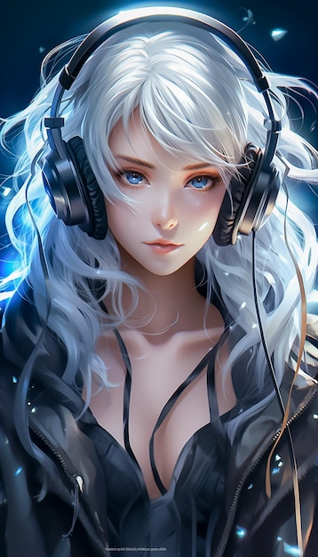 Lofi kawaii girl cabelo branco e fone de ouvido lindo estilo bonito anime Ai Generated