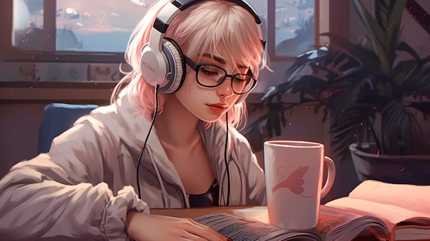 Lofi Music Cover-Kunststudie Chill-Sleep-Kaffeebuch AI Generative