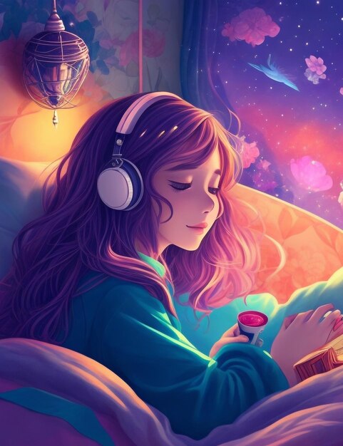 lofi music uma linda garota ouvindo música e dormindo papel de parede da cama Generative AI