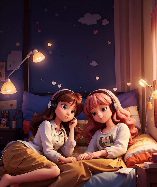 lofi música hermosa niña escucha música y cama para dormir fondo de pantalla