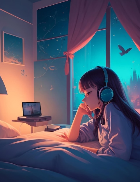 Lofi-Musik, ein schönes Mädchen, das Musik hört und im Bett schläft, Tapete Generative KI
