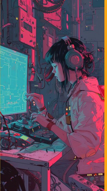 Lofi Neonfarben 80er Jahre Anime Mädchen reparieren eine Mech retro Mode gedämpfte Retrofarben Drachen Hea