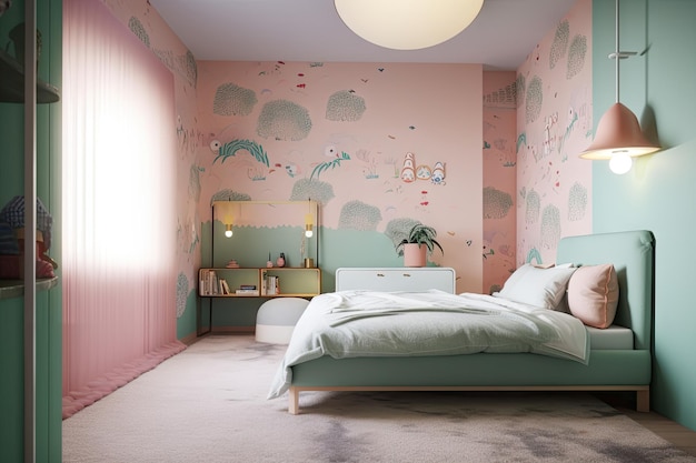 Lofi-Schlafzimmer mit weichem Teppichboden und pastellfarbener Tapete, erstellt mit generativer KI