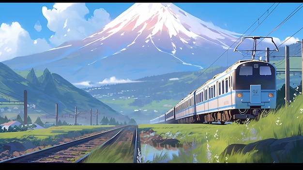 Lofi-Zug in der Natur, Anime-Manga-Stil, Illustration, Design, Tapete, Hintergrundkunst, generative KI