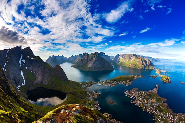 Lofoten é um arquipélago no condado de Nordland, na Noruega. É conhecida por um cenário distinto com montanhas e picos dramáticos, mar aberto e baías abrigadas, praias e terras intocadas.